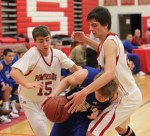 nepo B4 Jake Ball (33) swarmed by Carl Garzendorfer (15) and Lucien Fortier (20)