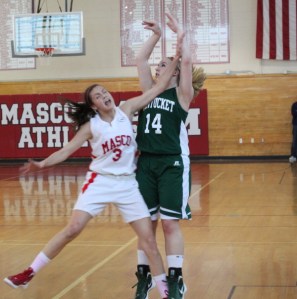 pema A1 Coley Viselli (16 points) fires a triple as Chelsea Nason (17 points) defends