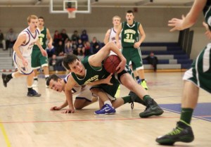 Ryan Gigliotti (16 points) tangles with Jeff Lunn