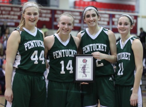 Pentucket seniors (Emily Dresser, Coley Viselli, Tess Nogueira, and Alex Moore) with championship plaque