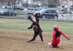 Julianna Kostas steals second as Kendra Dow awaits the throw