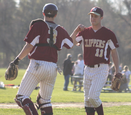 Evan Habib congratulated by catcher Connor Wile after pitching a 3-hit shutout against Ipswich