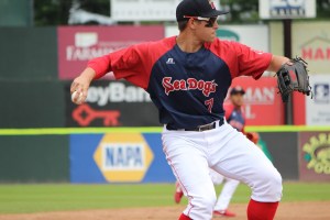 Garin Cecchini makes a throw to first.