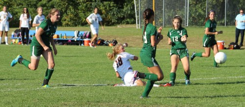 Katie Monahan goes down after firing a shot that became the second Ipswich goal.