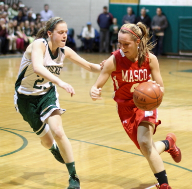 McKenna Kilian (17 points) defends Nicky Femino (12 points)