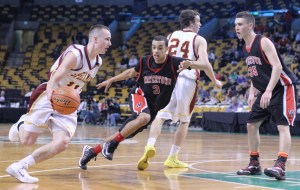 Ryan Roach drives on Cesar Fulcar