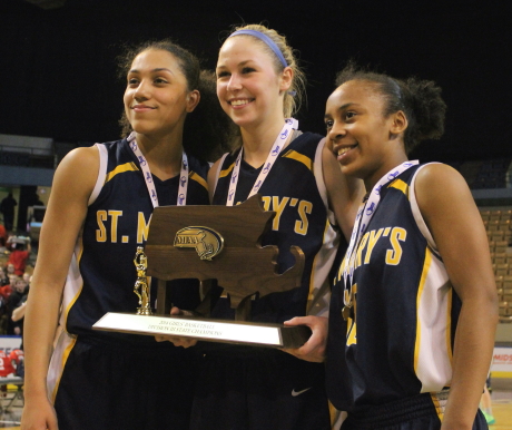 Brianna Rudolph, Jennie Mucciarone, and Sharell Sanders with D3 state title trophy