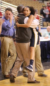 Spartans coach Jeff Newhall with Brianna Rudolph afterwards