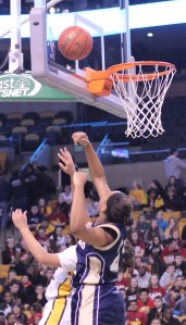 Alana Gilmer had six blocks including this one on Brianna Rudolph