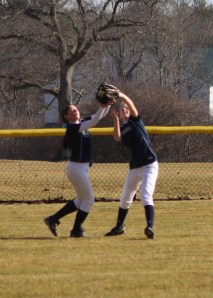 Hannah Stasiuk and Maria Garbarino get together on a fly ball