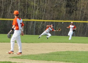 Leftfielder Alex Morris about to make a running catch