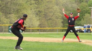 First baseman Pat Scanlon gives pitcher Levi Burrill a big target