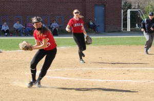 Pitcher Sammy Stone readies to fire to first