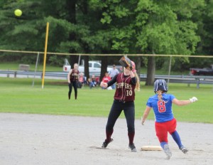 Brooke Hardy steals second as Morgan Johnston waits for the throw