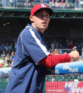Aaron Sanchez views the action from the Fisher Cats dugout
