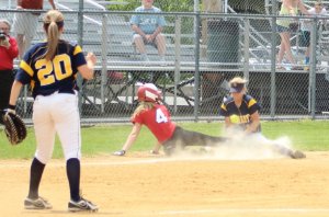 Meg Aponas slides back into third as Mollie Mello takes the throw