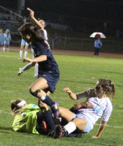 Maggie Symonds collides with Portland GK