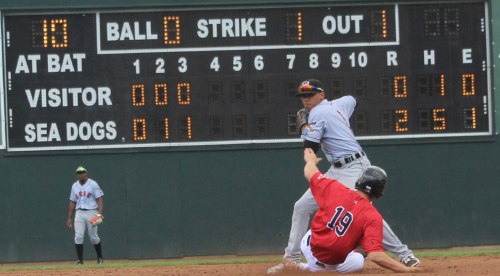 Sam Travis slides into Harold Castro