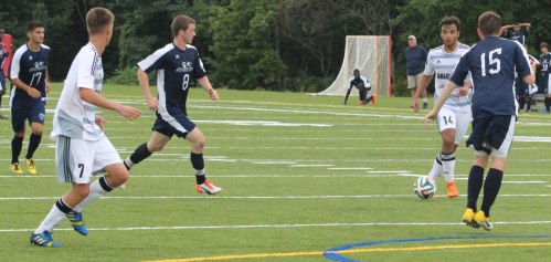 Bridgton Academy passing was key to win over SMCC. Here Lucca Rodrigues (14) looks to pass to teammate victor Lage (7)