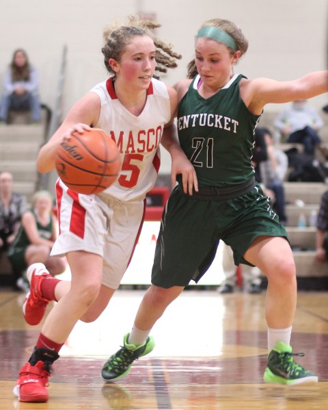 Paige Amyouny, here guarded by Maddi Doyle, had almost everything to do with Masco's win over Pentucket