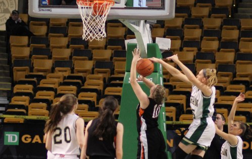 Lauren Manis blocks Kelsey Qualey's shot