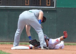 Andrew Benintendi asks for time after stealing second.