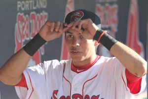 Mauricio Dubon tries on his new Portland Sea Dogs' hat