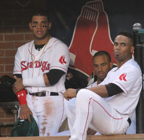Yoan Moncada (left) and Aneury Tavaraz (right) in the Portland dugout