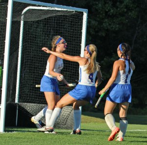 Kaitlyn Plummer congratulated by Julia Murch after 2nd goal